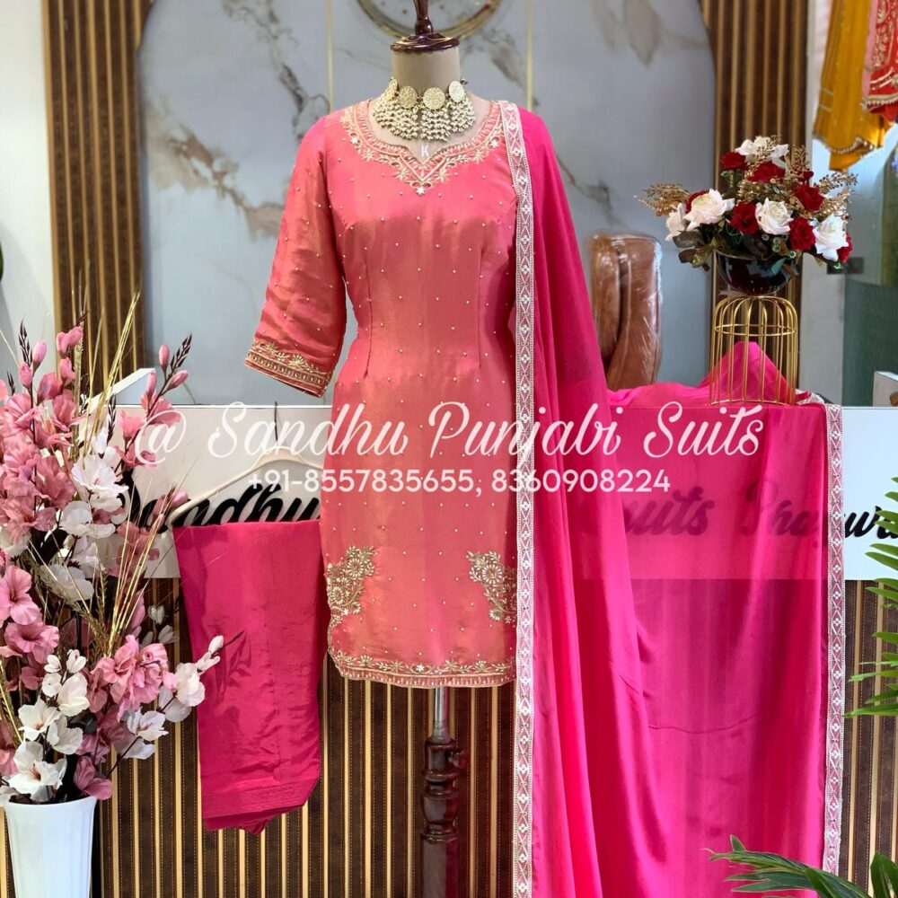 Designer shimmer silk suit with chinon dupatta