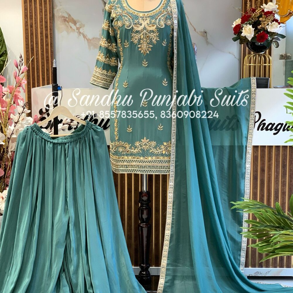 Designer pure crepe sharara suit with chinon dupatta