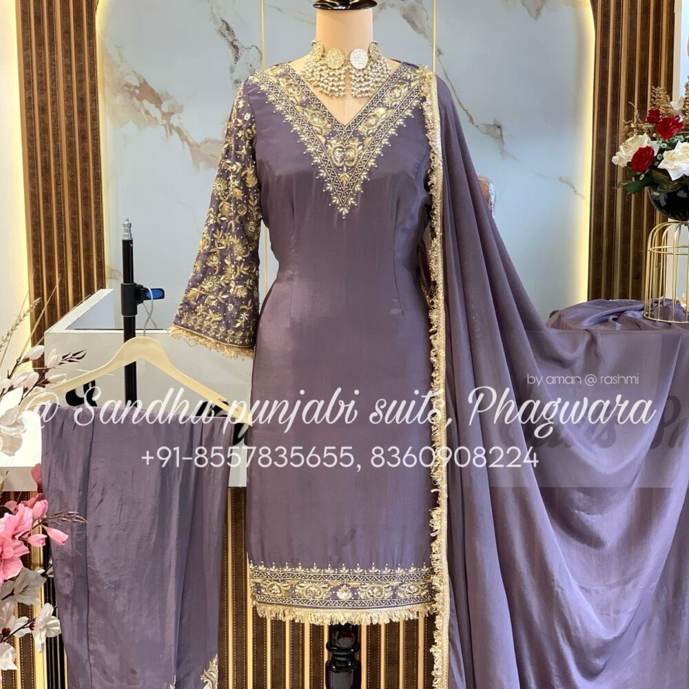 Designer Suit with chinon dupatta in crepe silk suit boutique article