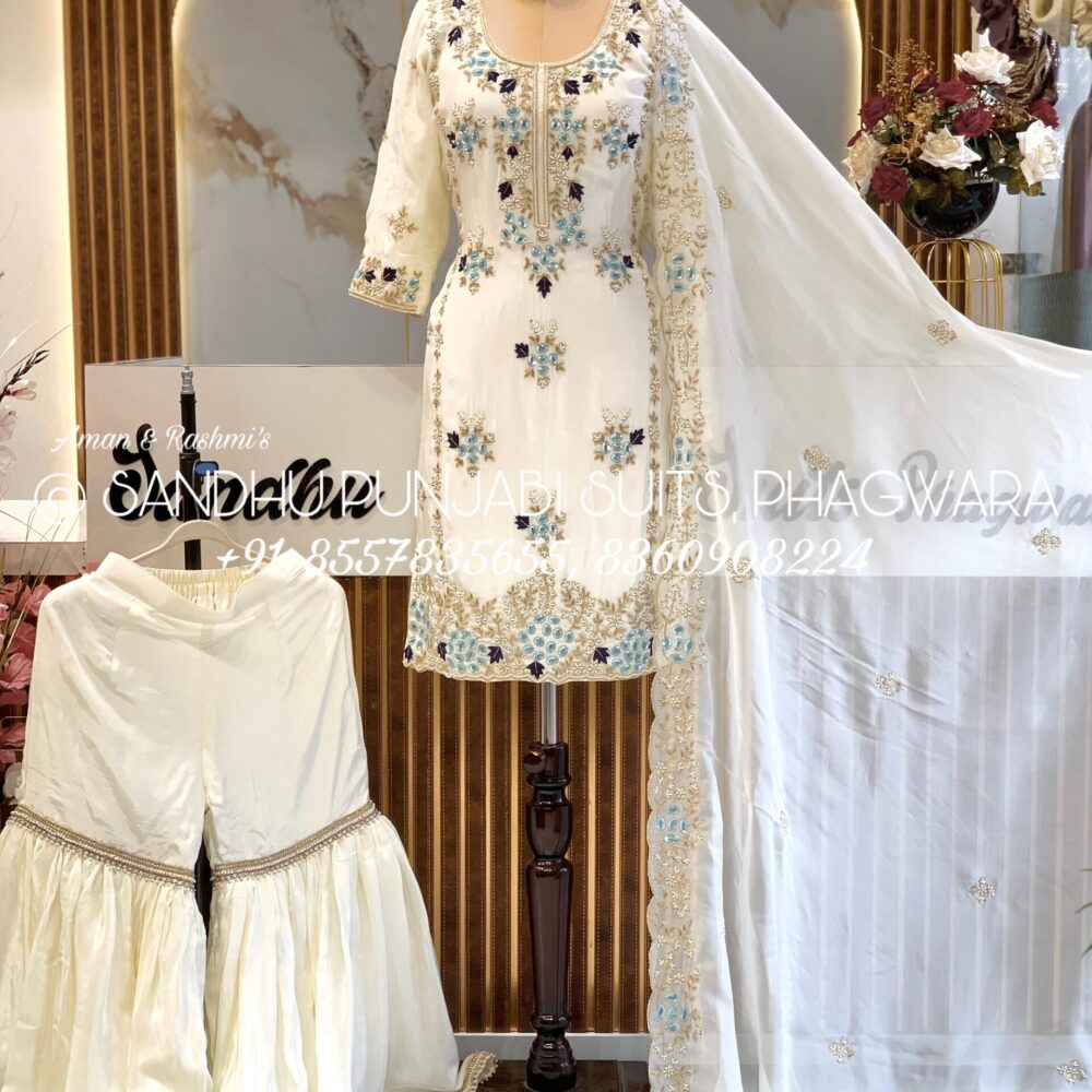 Designer white color suit with pure dupatta hand emroidery
