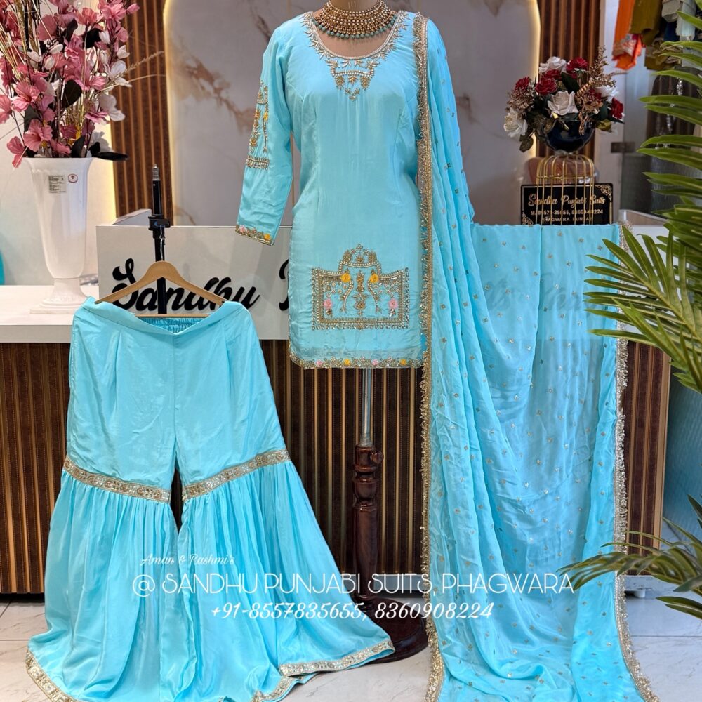 Pure crepe gharara suit with Chinon dupatta , hand work