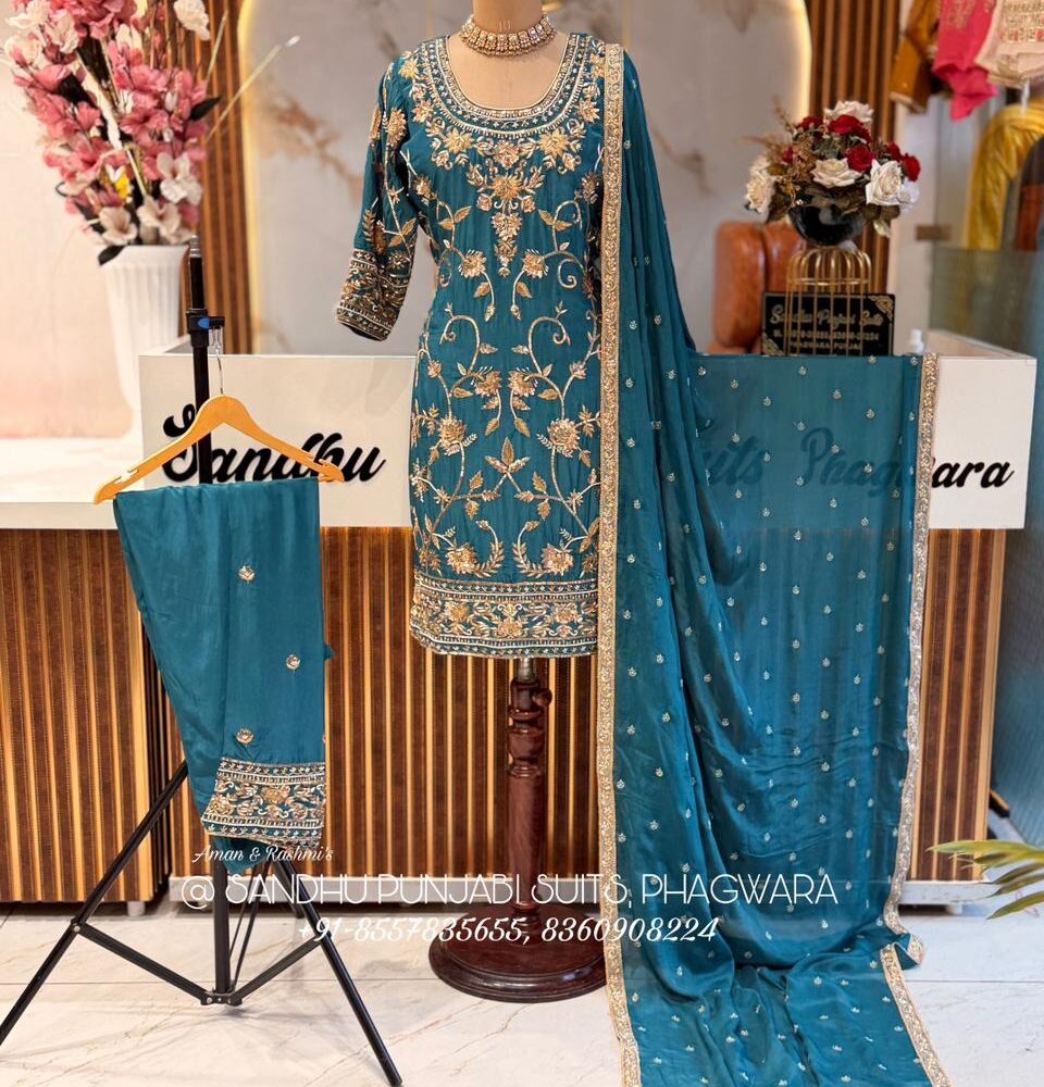 Pure crepe suit with chino dupatta , hand work